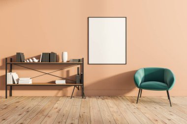 Oturma odasının içi şeftali rengi duvar, koltuk, raflar ve meşe ağacından zeminde beyaz boş posterlerle dolu. Soğukluk ve rahatlama için minimalist tasarım kavramı. Model yap. 3d oluşturma