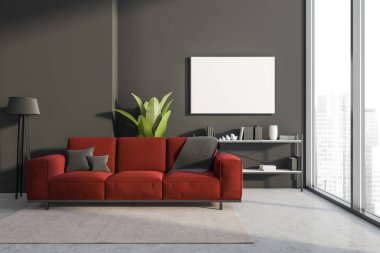 Siyah duvarda beyaz bir poster, panoramik pencere, kırmızı kanepe, raflar ve beton zemin. Soğukluk ve rahatlama için minimalist tasarım kavramı. Model yap. 3d oluşturma