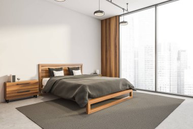Parlak yatak odası manzarası içi boş beyaz duvar, panoramik pencere, büyük yatak, kitaplar ve beton zemin olan yataklar. Soğukluk ve rahatlama için minimalist tasarım kavramı. 3d oluşturma