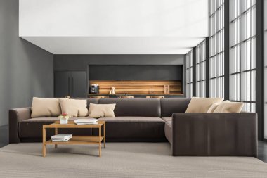 Mutfak odasının önü beton zemin, boş beyaz duvar, siyah kanepe, Singapur gökdelenleri manzaralı panoramik pencere. Çağdaş İskandinav minimalist tasarımı. 3d oluşturma