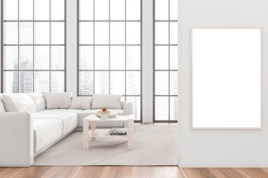 Mutfak odası içi boş beyaz poster, ahşap zemin, rahat kanepe, Singapur gökdelenleri manzaralı panoramik pencere. Çağdaş İskandinav minimalist tasarımı. 3d oluşturma