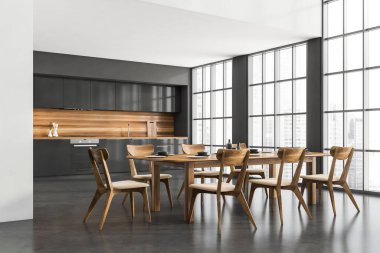 Mutfak odasının iç tarafında beton zemin, boş beyaz duvar, sandalyeli masa, Singapur gökdelenleri manzaralı panoramik pencere. Çağdaş İskandinav minimalist tasarımı. 3d oluşturma