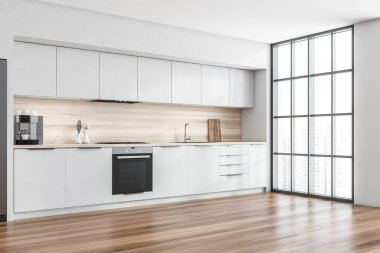 Mutfak odasının iç manzarası meşe ağacı ahşap zemin, beyaz duvar, Singapur şehir merkezi manzaralı panoramik pencere. Çağdaş İskandinav minimalist tasarımı. 3d oluşturma