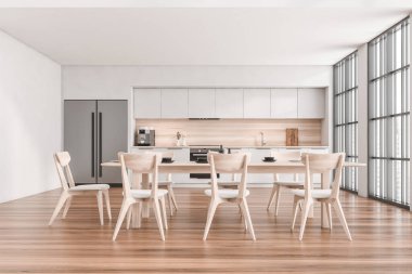 Mutfak odasının önü ahşap zemin, boş beyaz duvar, sandalyeli masa, Singapur gökdelenleri manzaralı panoramik pencere. Çağdaş İskandinav minimalist tasarımı. 3d oluşturma