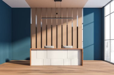 Parlak ofis içi panoramik pencereli Singapur şehri gökdelenli, resepsiyonlu, iki masaüstü, mavi duvar ve meşe ağacından zemin. Çalışma sürecinin konsepti. 3d oluşturma