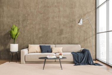 Oturma odası içi boş duvar, kanepe, sehpa, panoramik pencere, halı ve ahşap zemin. Minimalist İskandinav tasarımı kavramı. Buluşma için rahat bir yer. Model yap. 3d oluşturma