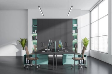 Singapur şehrinin gökdeleni, dört masaüstü, koltuklar, beyaz duvar ve beton zemini olan panoramik pencereli parlak bir ofis odası. Çalışma için uygun bir yer. 3d oluşturma