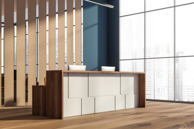 Parlak ofis odasının iç tarafında panoramik pencere, Singapur gökdeleni, resepsiyon, iki masa üstü, mavi duvar ve meşe ağacından zemin. Çalışma sürecinin konsepti. 3d oluşturma