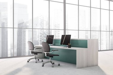 Singapur şehrinin gökdeleni, resepsiyonu, iki masaüstü ve koltuğu, beton zemini olan geniş panoramik pencereli parlak ofis odası. Çalışma sürecinin konsepti. 3d oluşturma