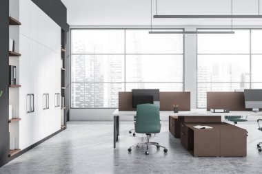 Singapur şehrinin gökdeleni, dört masaüstü, koltuklar, beyaz duvar ve beton zemini olan panoramik pencereli parlak ofis odasının içi. Çalışma için uygun bir yer. 3d oluşturma