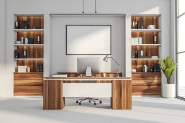 Ofis içi içi boş beyaz poster, panoramik pencere, masaüstü, koltuklar, duvar, masa, kitap rafları ve beton zemin. Çalışma süreci için mükemmel bir yer. 3d oluşturma