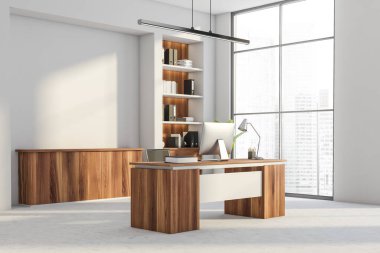 Ofis içi, panoramik pencereli, şehir gökdelen manzaralı, masaüstü, koltuk, beyaz duvar, masa, kitap rafları ve beton zemin. Çalışma süreci için mükemmel bir yer. 3d oluşturma