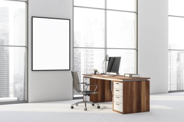 Parlak ofis odası içi boş beyaz poster, Singapur şehir manzaralı panoramik pencere, masaüstü, koltuklar, masa ve beton zemin. Çalışma süreci için mükemmel bir yer. 3d oluşturma