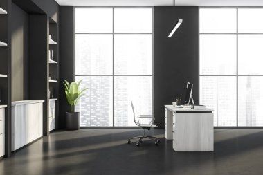 Karanlık ofis içi panoramik pencereli, şehir gökdelen manzaralı, masaüstü, koltuk, siyah duvar, masa, kitap rafları ve beton zemin. Çalışma süreci için mükemmel bir yer. 3d oluşturma