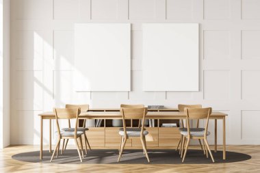 Beyaz oturma odasının duvarında iki boş tuval ve paneller. İçinde bir masa, sandalyeler, parke zemininde oval bir halı ve büfe var. Modern ev ve ofis tasarımı kavramı. 3d oluşturma