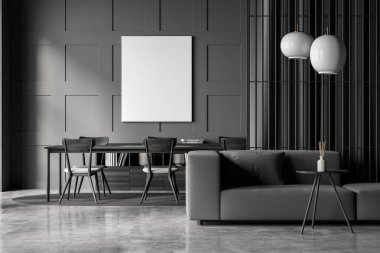 Koyu gri yaşam alanının iç kısmının duvarında boş bir tuval, bir kanepe, bir perde, bir masa, bir büfe ve beton zemin. Moda tasarımı konsepti. Model yap. 3d oluşturma