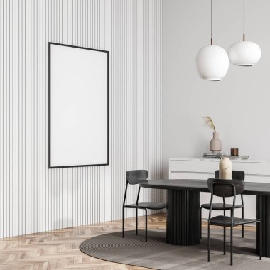 Parlak oturma odası içi beyaz boş poster, üç sandalye, yemek masası ve meşe ağacından parke zemin. Minimalist tasarım kavramı. Buluşma için rahat bir yer. 3d oluşturma