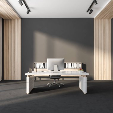 İçi boş gri duvar, masaüstü, koltuk, masa, kitap rafları ve beton zemin olan karanlık ofis odası. Çalışma süreci için mükemmel bir yer. 3d oluşturma