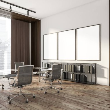 Üç boş beyaz poster, panoramik pencere, büyük masa, altı koltuk, büfe ve beton döşeme. Çalışma süreci için mükemmel bir yer. 3d oluşturma