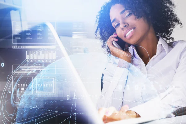 African American Businesswoman Wearing White Shirt Talking Smartphone Office Workplace — Stock Photo, Image