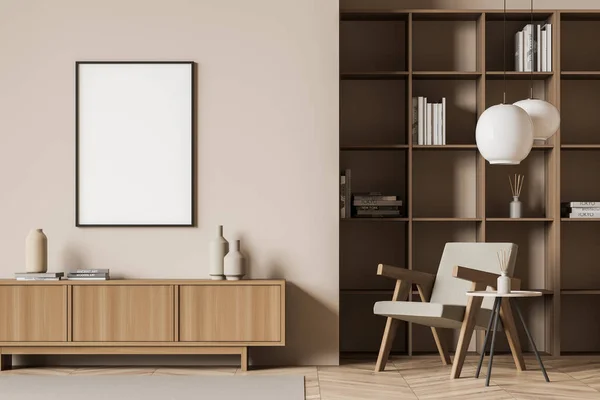 Lienzo Vacío Interior Sala Estar Beige Con Sillón Junto Una — Foto de Stock