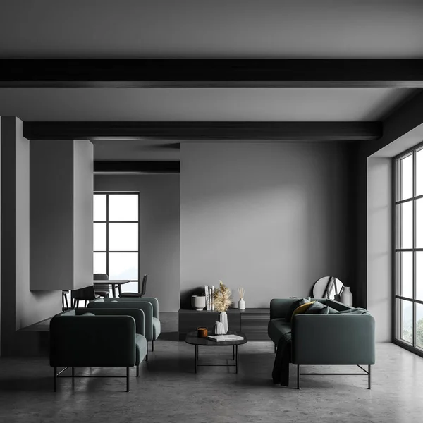 2つのアームチェア ダイニングエリア ビーム天井 パノラマの窓 コンクリート床付きの緑のソファ付きの暗い灰色のリビングルームのインテリア 現代の生活空間の概念 3Dレンダリング — ストック写真
