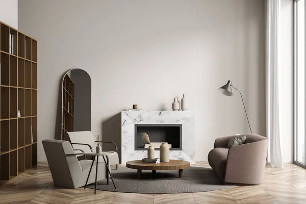 Wohnzimmer Mit Zwei Sesseln Kamin Couch Couchtisch Bücherregal Teppich Und — Stockfoto