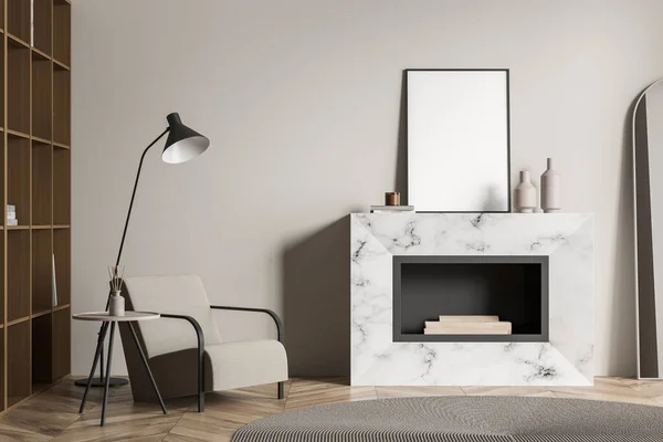 Sluiten Uitzicht Woonkamer Interieur Met Lege Witte Poster Fauteuil Open — Stockfoto