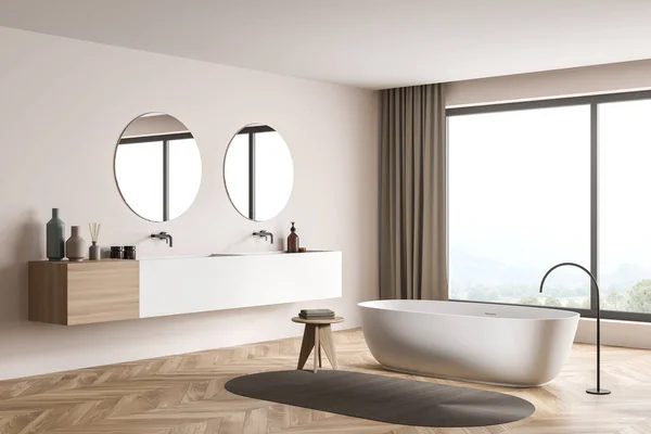 Vue Angle Intérieur Salle Bain Beige Avec Vue Panoramique Détails — Photo