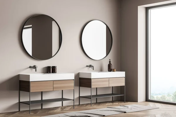 Bathroom Wall Two Mirrors Two Vanities Panoramic View Beige Design — Stock Photo, Image