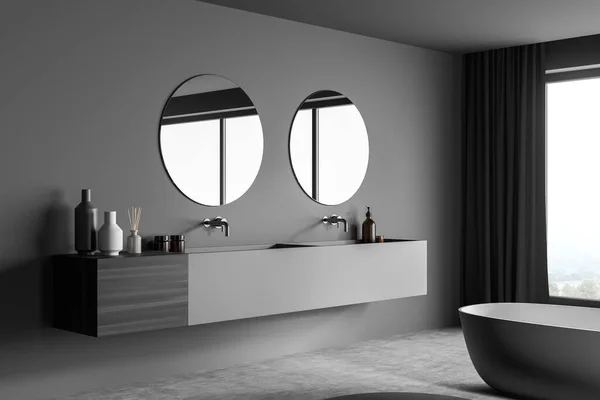 Corner View Dark Grey Bathroom Interior Panoramic View Trendy Details — Stock Photo, Image