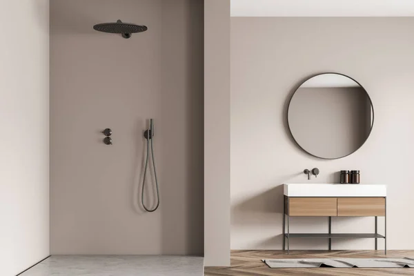 Béžový Sprchový Kout Interiér Sprchovým Koutem Trendu Kulaté Zrcadlo Moderní — Stock fotografie