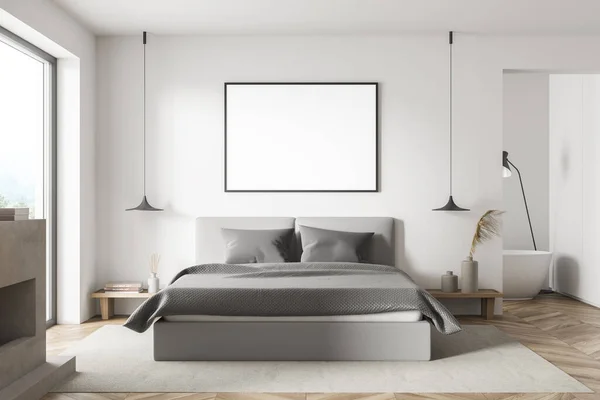 Horizontal Canvas White Bedroom Interior Grey Bed Fireplace Parquet Floor — Stock Photo, Image