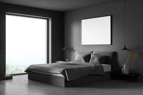 Horizontal Canvas Dark Grey Wall Panoramic Bedroom Interior Corner View — Stock Photo, Image