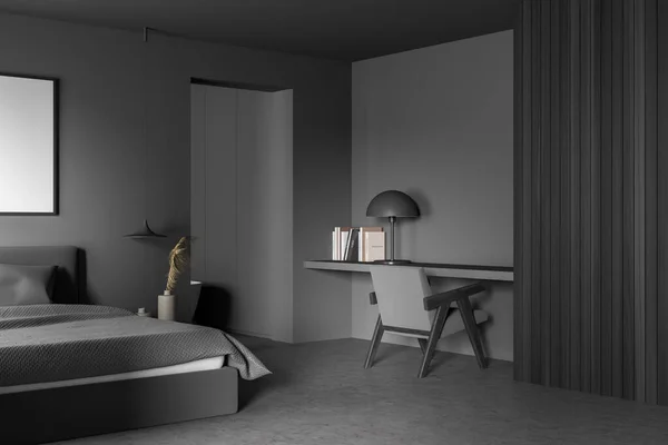 침대와 의자와 침실의 어두운 콘크리트 아파트 디자인의 개념이다 렌더링 — 스톡 사진