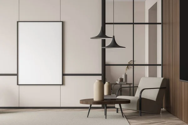 Lienzo Vacío Una Elegante Zona Estar Diseño Beige Utilizando Sillón —  Fotos de Stock