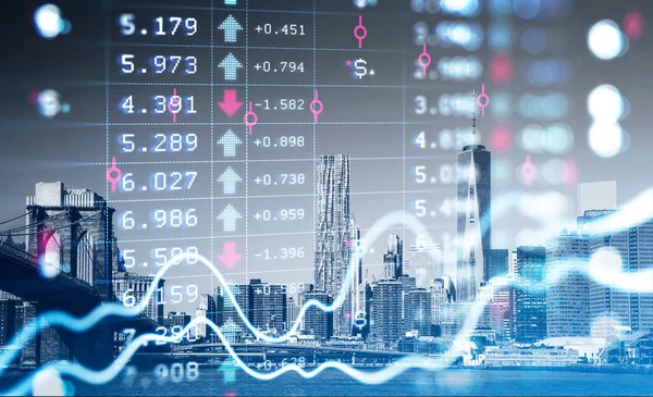 纽约市的摩天大楼 外汇金融上涨图和图表与数字 线条说明投资管理在股票市场 成功交易的概念 — 图库照片