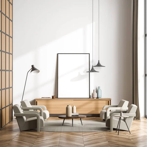 白い壁の横に立つキャンバスとの会話の座席 コーヒーテーブルの両側にアームチェア ランプ 寄木細工の床に楕円形のラグ 現代的なデザインコンセプト モックアップ 3Dレンダリング — ストック写真