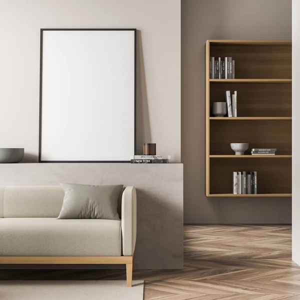 Empty Standing Canvas Basement Ledge Beige Living Room Interior Sofa — Stock Photo, Image