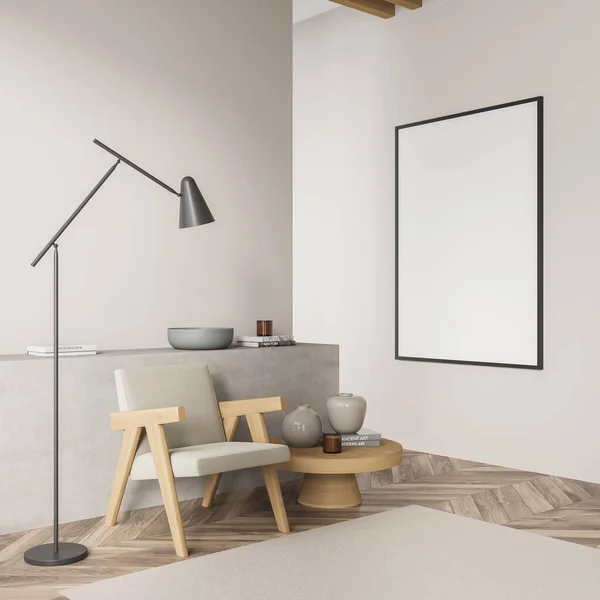 거실의 코너는 캔버스와 실내에 안락의자 테이블 바닥을 사용하는 현대적 미니멀리즘적 — 스톡 사진