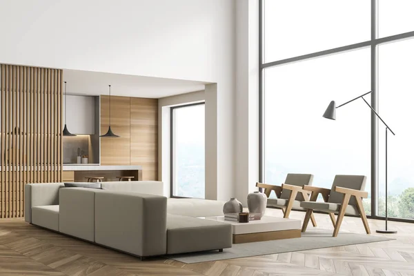 Corner of the white and beige panoramic living room interior with modern lights, wood materials, breakfast bar and a kitchen on the background. Parquet. A concept of on trend design. 3d rendering