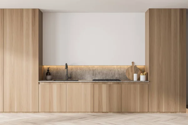 Wooden Kitchen Stylish Cabinets Original Niche Design Using Marble Splashback — Stock Photo, Image