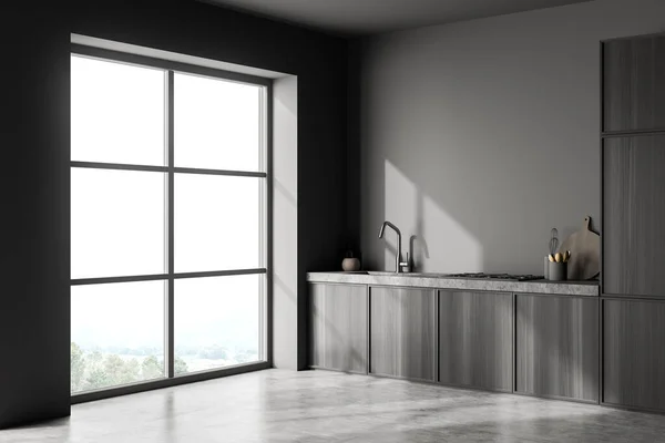 带有橱柜 混凝土地板和全景窗户的黑暗厨房室内角落景观 当代简约主义设计 3D渲染 — 图库照片