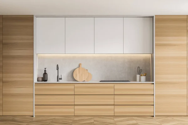 Moderno Interno Cucina Legno Con Armadi Superiori Bianchi Una Piccola — Foto Stock