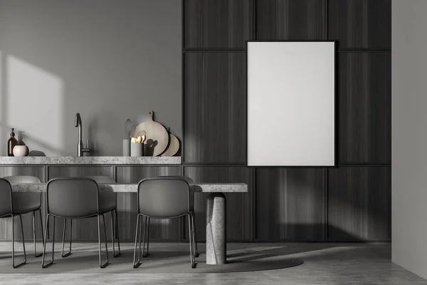 Dunkler Küchenraum Mit Weißem Leeren Poster Sechs Stühlen Esstisch Grauer — Stockfoto