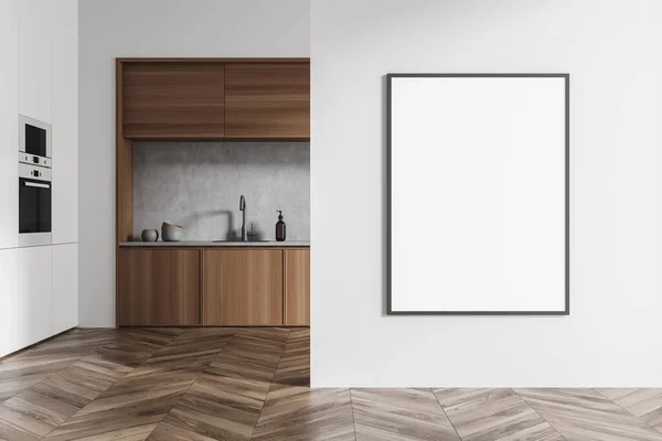 Vista Frontal Acogedor Interior Habitación Cocina Con Cartel Blanco Vacío — Foto de Stock
