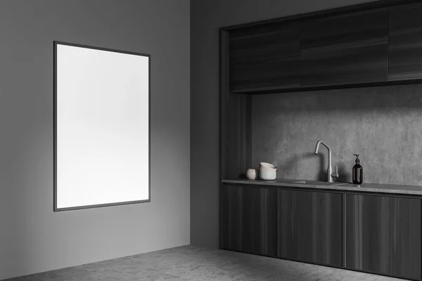 Rohový Pohled Útulný Interiér Tmavé Kuchyně Prázdným Bílým Plakátem Stěně — Stock fotografie