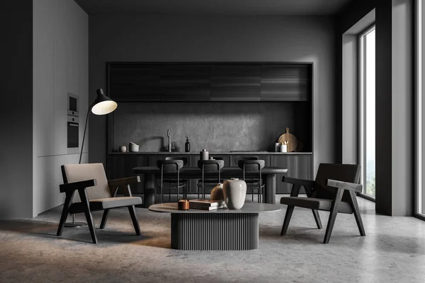 有餐桌 六张椅子 两张扶手椅 水泥地板 电饭锅和全景窗的黑暗厨房室内 当代简约主义设计 做饭的好地方 3D渲染 — 图库照片