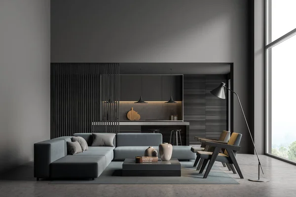 Dark Grey Kitchen Living Room Interior Green Furniture Trendy Lamps — Stock Photo, Image