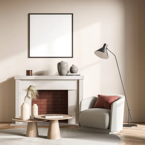 Square canvas on the beige wall of the living room interior with the fireplace near the armchair, two coffee tables and a lamp. Parquet. Mock up. A concept of modern seating area design. 3d rendering